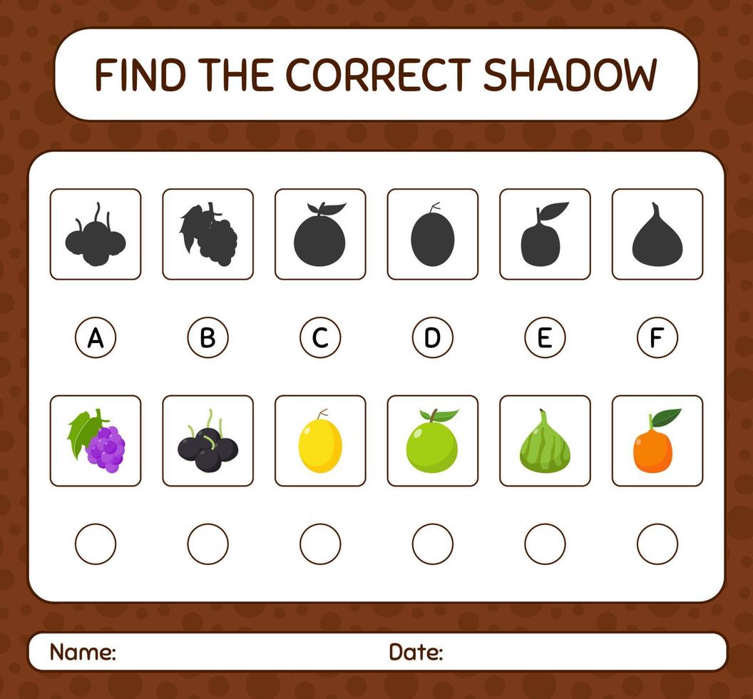 Find the correct shadows game with fruits. worksheet for preschool kids, kids activity sheet vector