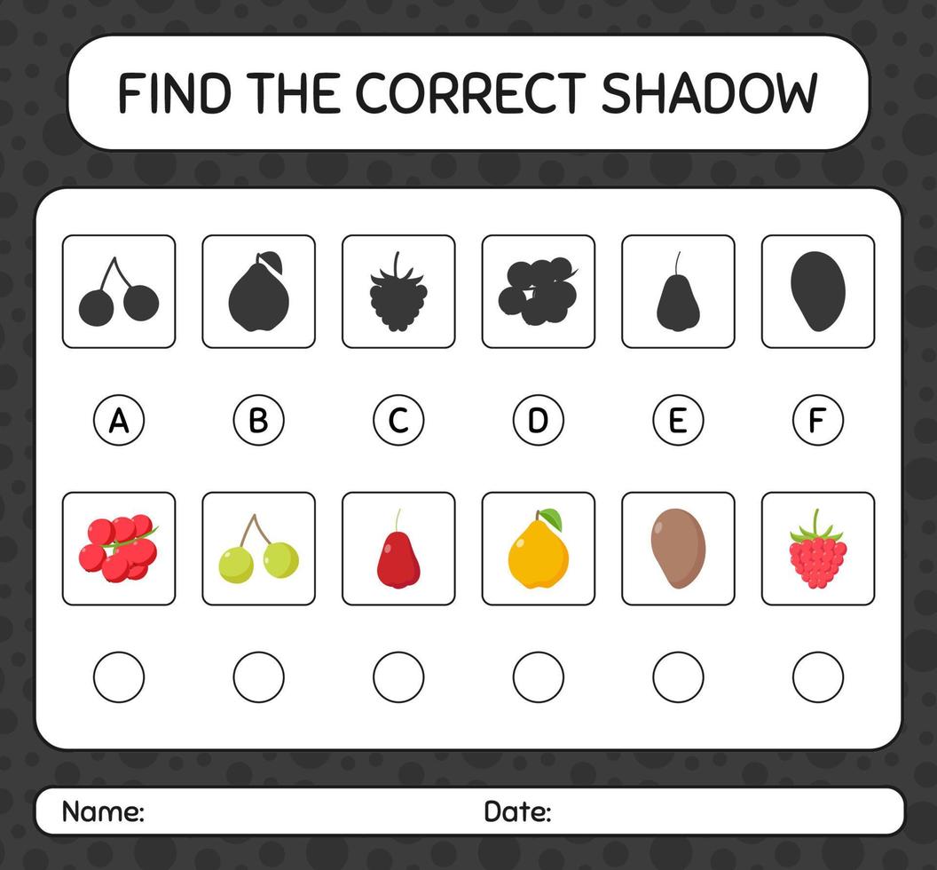 encuentra el juego de sombras correcto con frutas. hoja de trabajo para niños en edad preescolar, hoja de actividades para niños vector