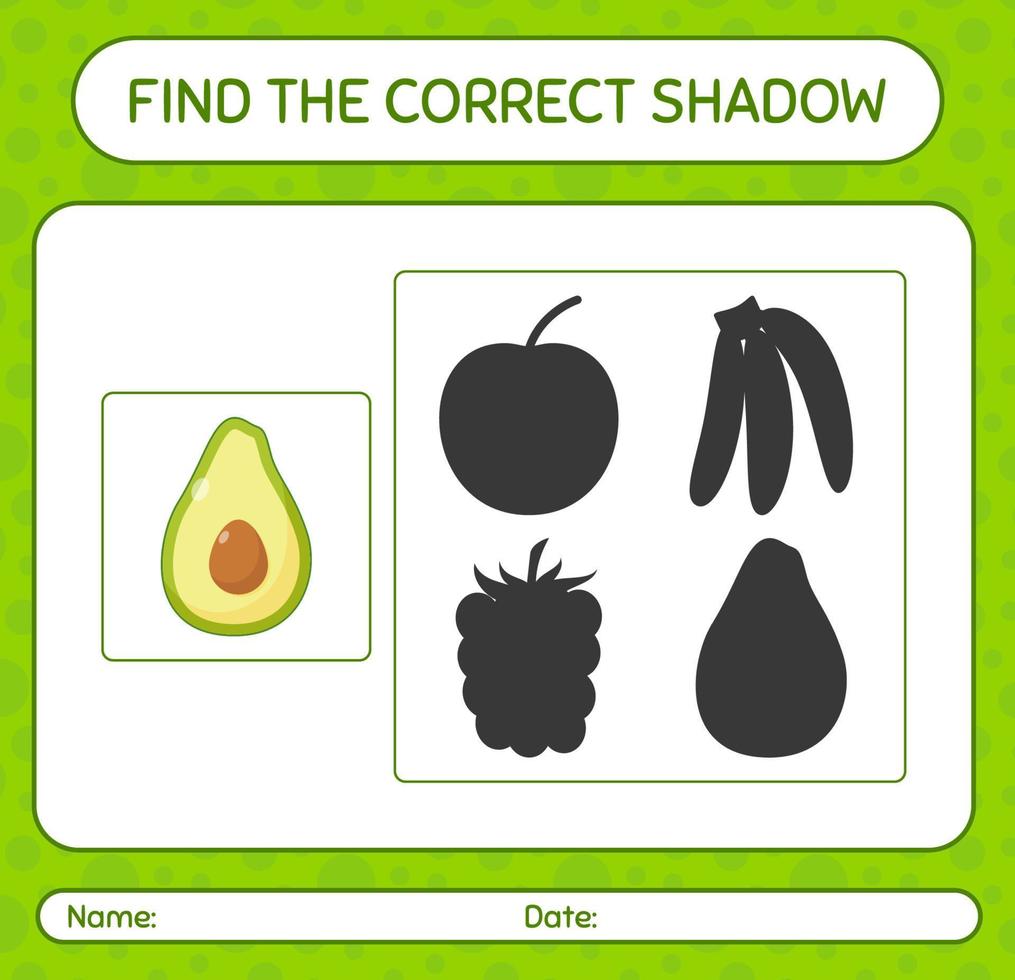 Find the correct shadows game with avocado. worksheet for preschool kids, kids activity sheet vector