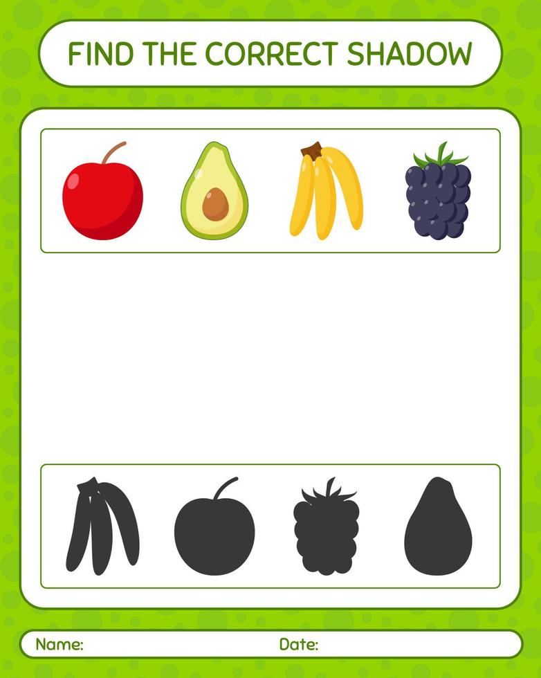 Find the correct shadows game with fruits. worksheet for preschool kids, kids activity sheet vector