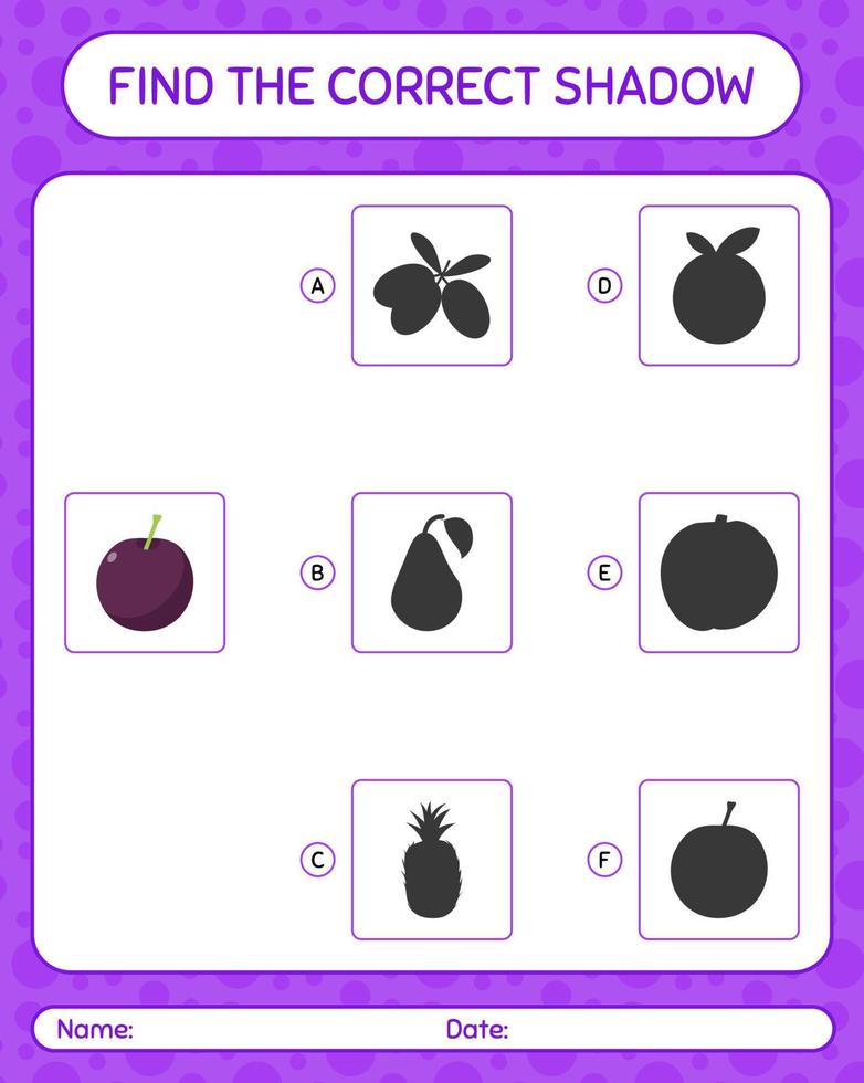 Find the correct shadows game with plum. worksheet for preschool kids, kids activity sheet vector