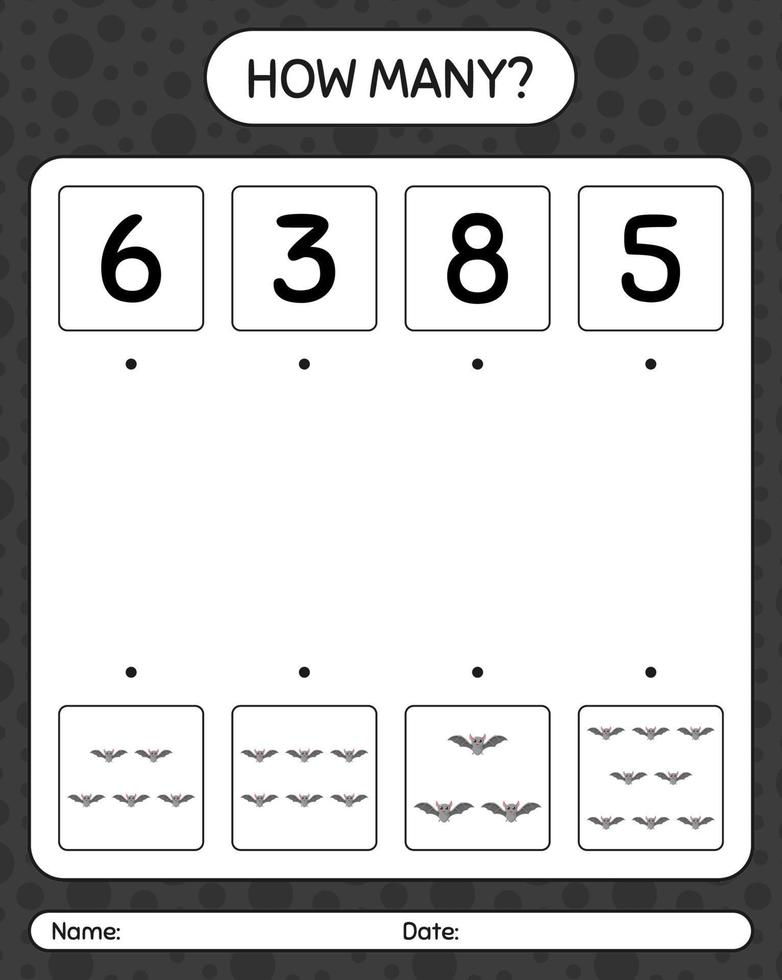 How many counting game with bat. worksheet for preschool kids, kids activity sheet vector