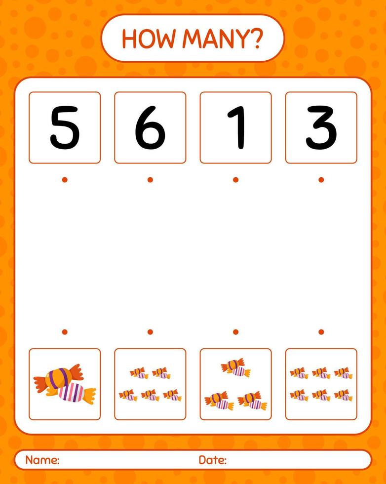 How many counting game with candy. worksheet for preschool kids, kids activity sheet vector
