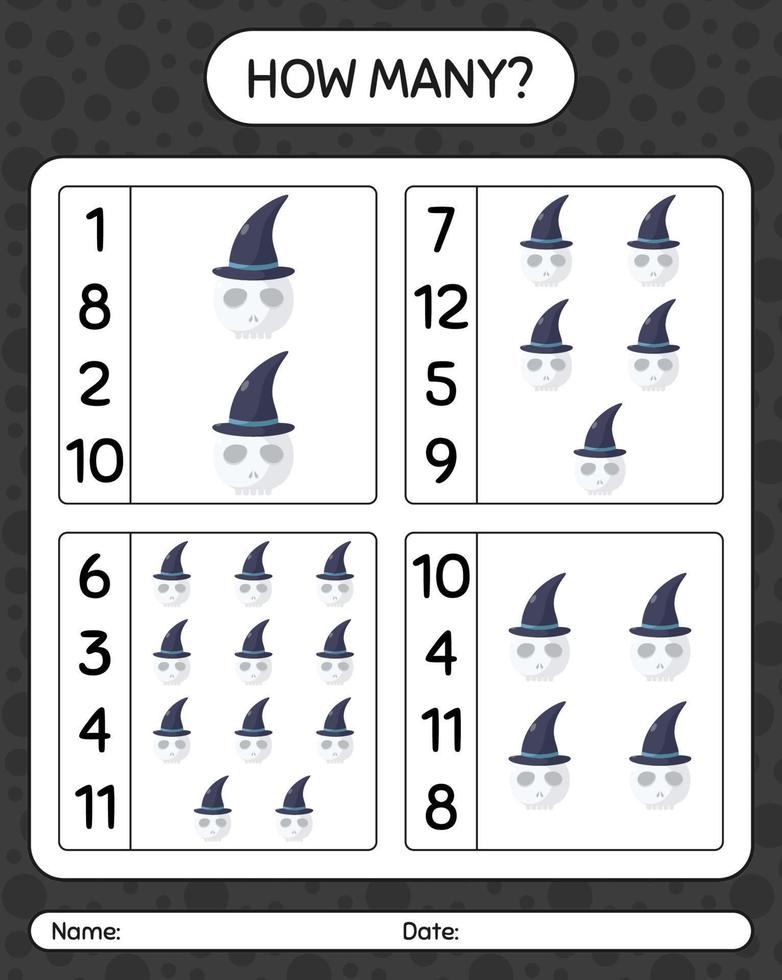 How many counting game with skull. worksheet for preschool kids, kids activity sheet vector