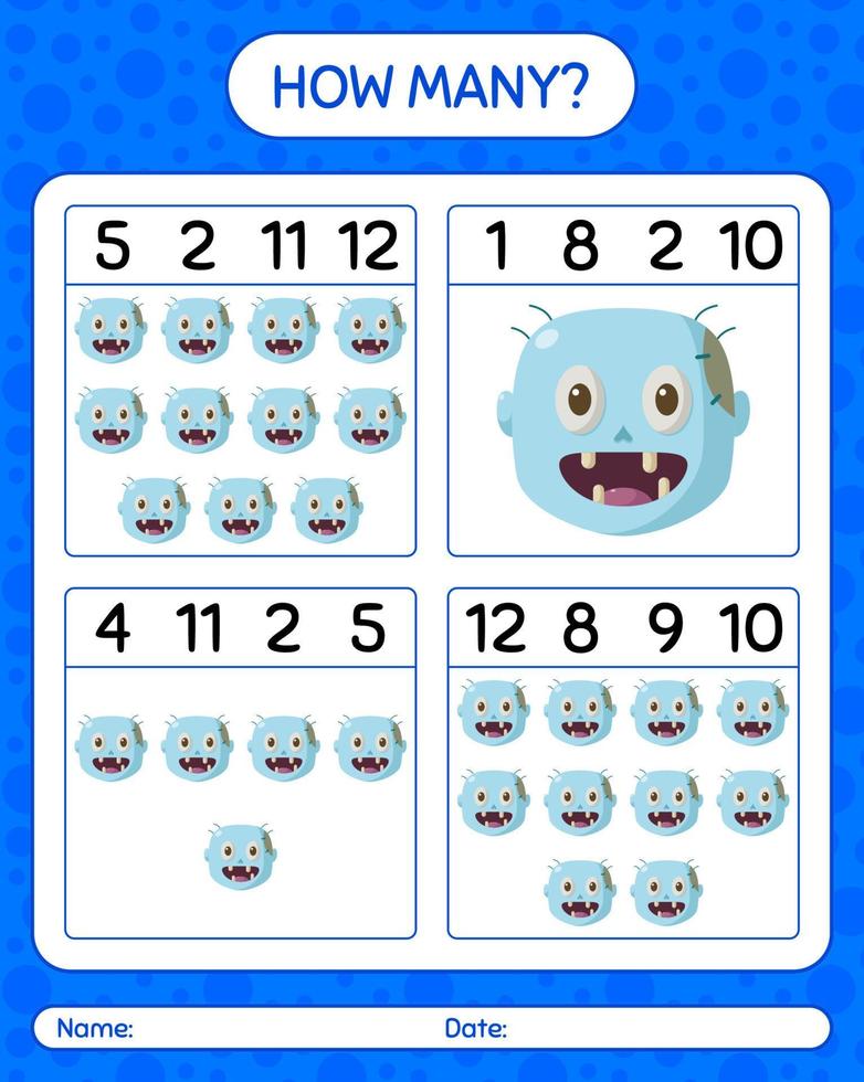 How many counting game with zombie. worksheet for preschool kids, kids activity sheet vector