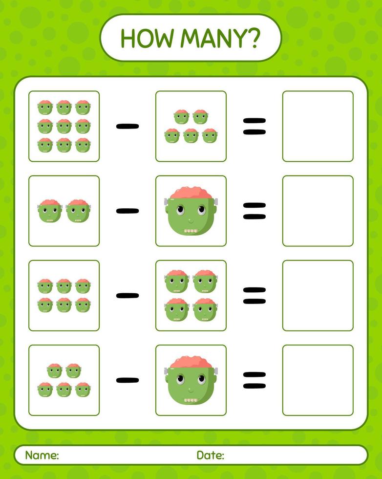 How many counting game with frankenstein. worksheet for preschool kids, kids activity sheet vector