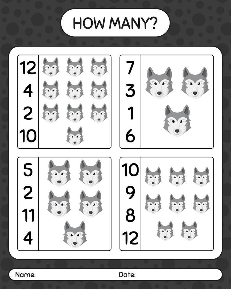 How many counting game with wolf. worksheet for preschool kids, kids activity sheet vector