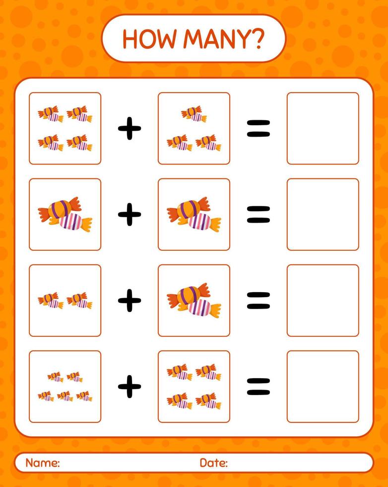 How many counting game with candy. worksheet for preschool kids, kids activity sheet vector