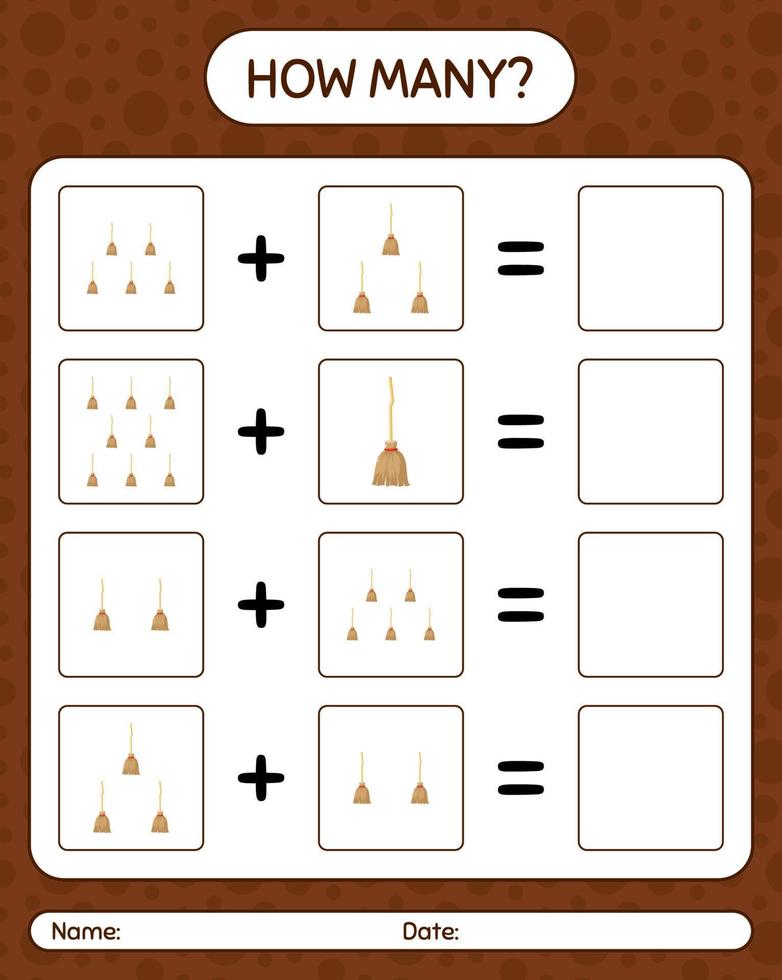 How many counting game with broom. worksheet for preschool kids, kids activity sheet vector