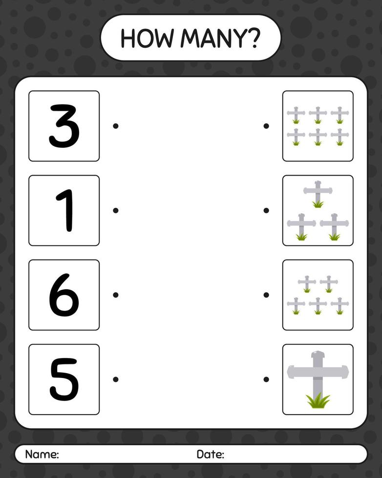 How many counting game with tombstone. worksheet for preschool kids, kids activity sheet vector