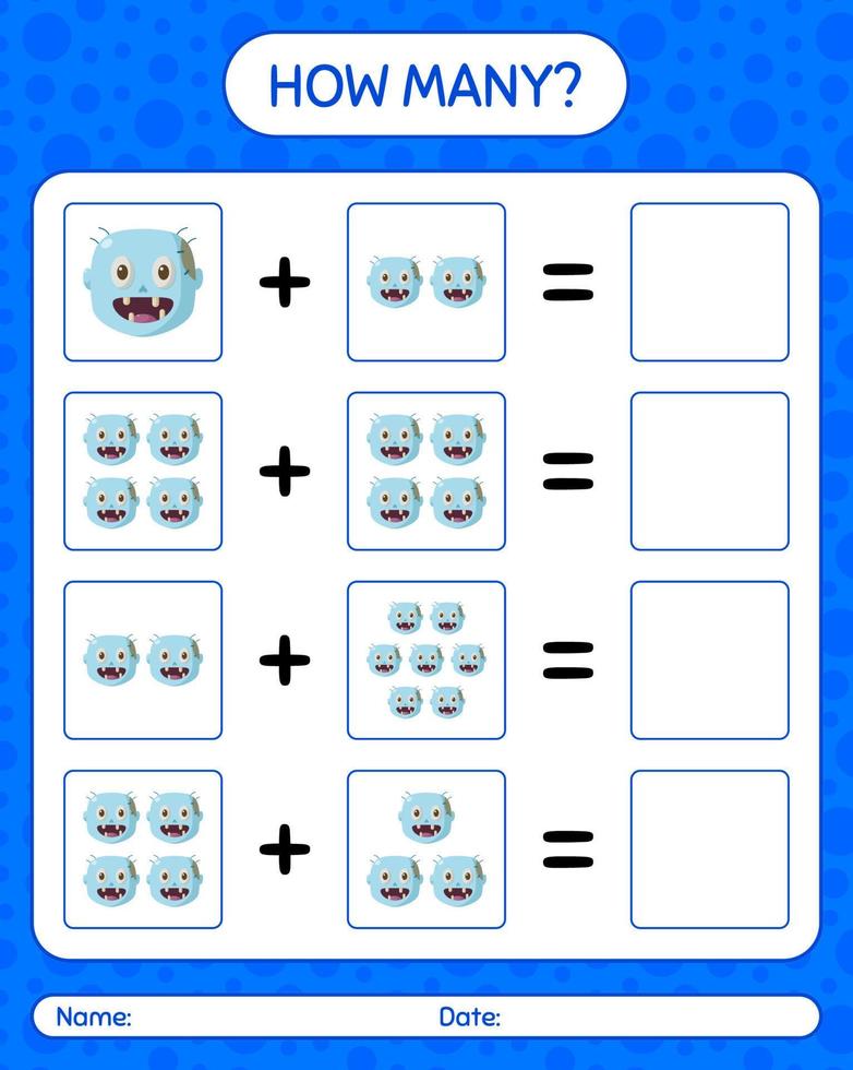 How many counting game with zombie. worksheet for preschool kids, kids activity sheet vector