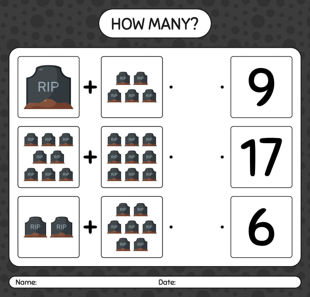 How many counting game with tombstone. worksheet for preschool kids, kids activity sheet vector