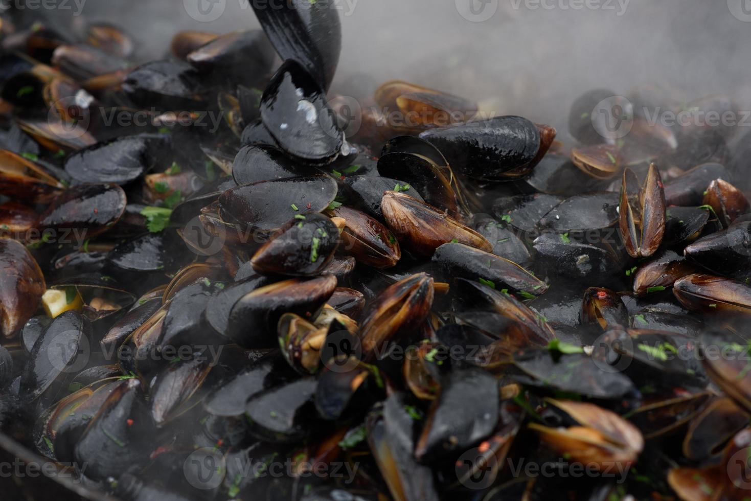 primer plano de mejillones cocidos en un festival de comida callejera, listo para comer mariscos fotografiados con enfoque suave foto