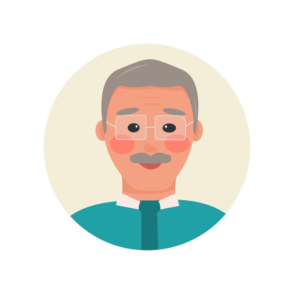 avatar gray-haired man with mustache wearing glasses. Nice character. Profile of a pensioner, grandfather for the design of thematic forums, sites, social services. Vector illustration, flat