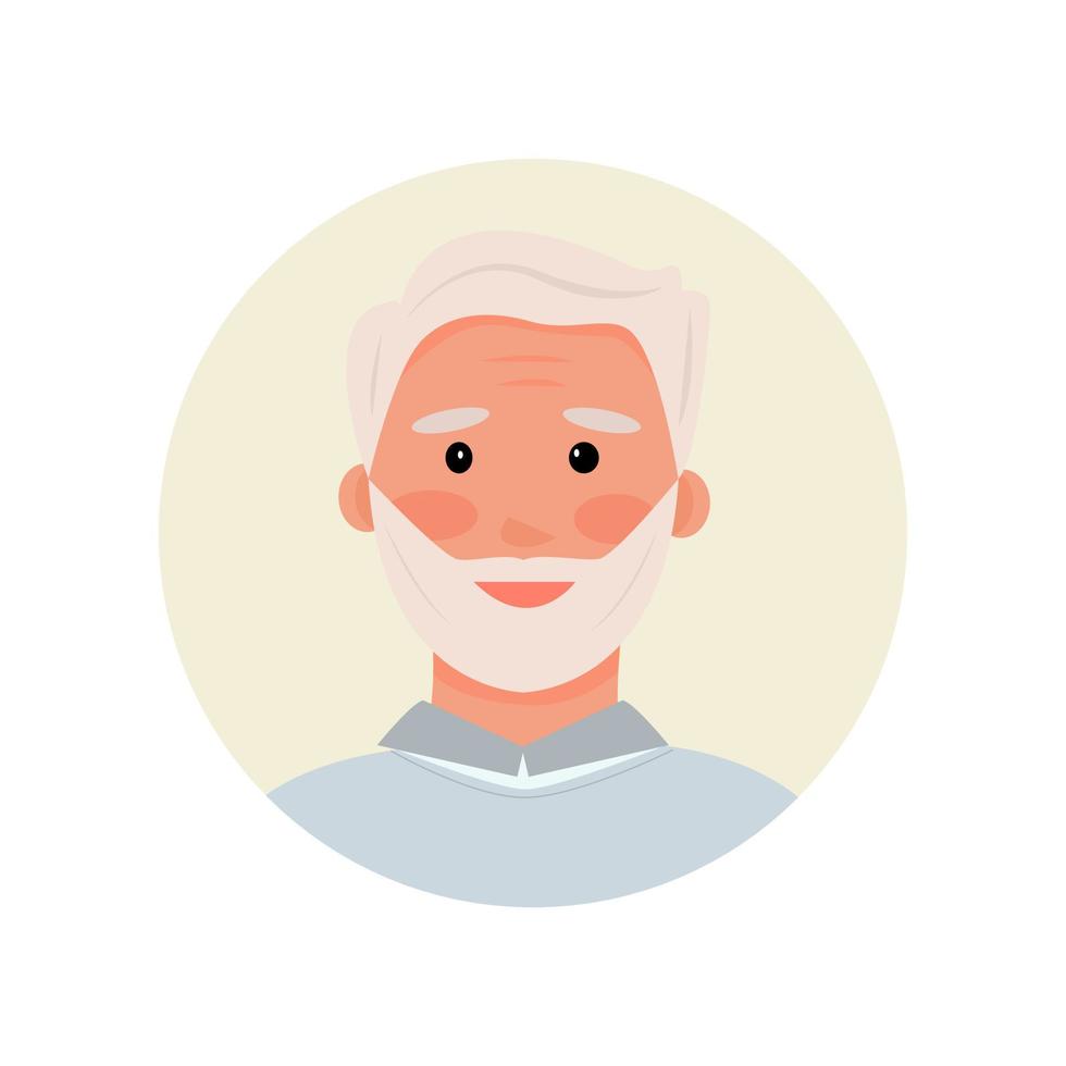 avatar of grandfather with a beard. The gray-haired old man. Portrait of a pensioner in a shirt and jumper. Design element for registration of a profile, chatbot, website, support. Vector illustration