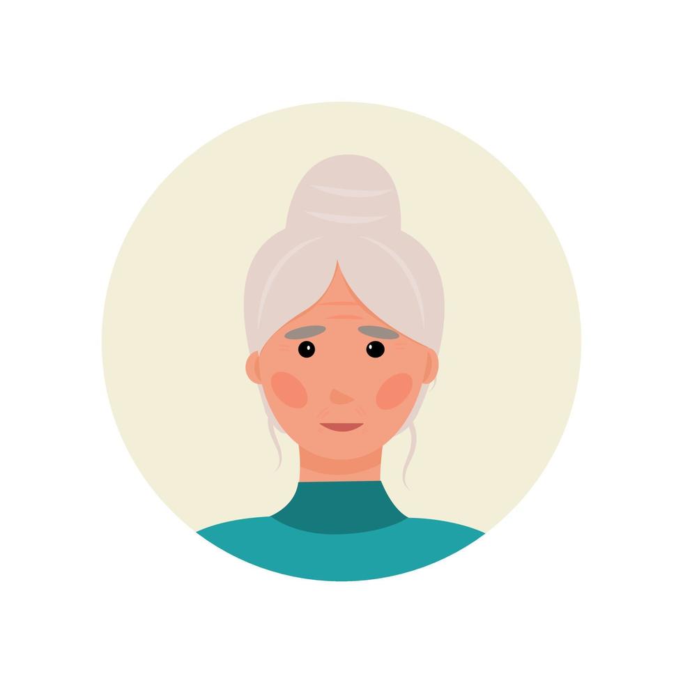the avatar is an elderly gray-haired pensioner. Adult woman with a bun of hair and wrinkles. Nice character for social advertising. Chatbot profile, forum, support. Vector illustration