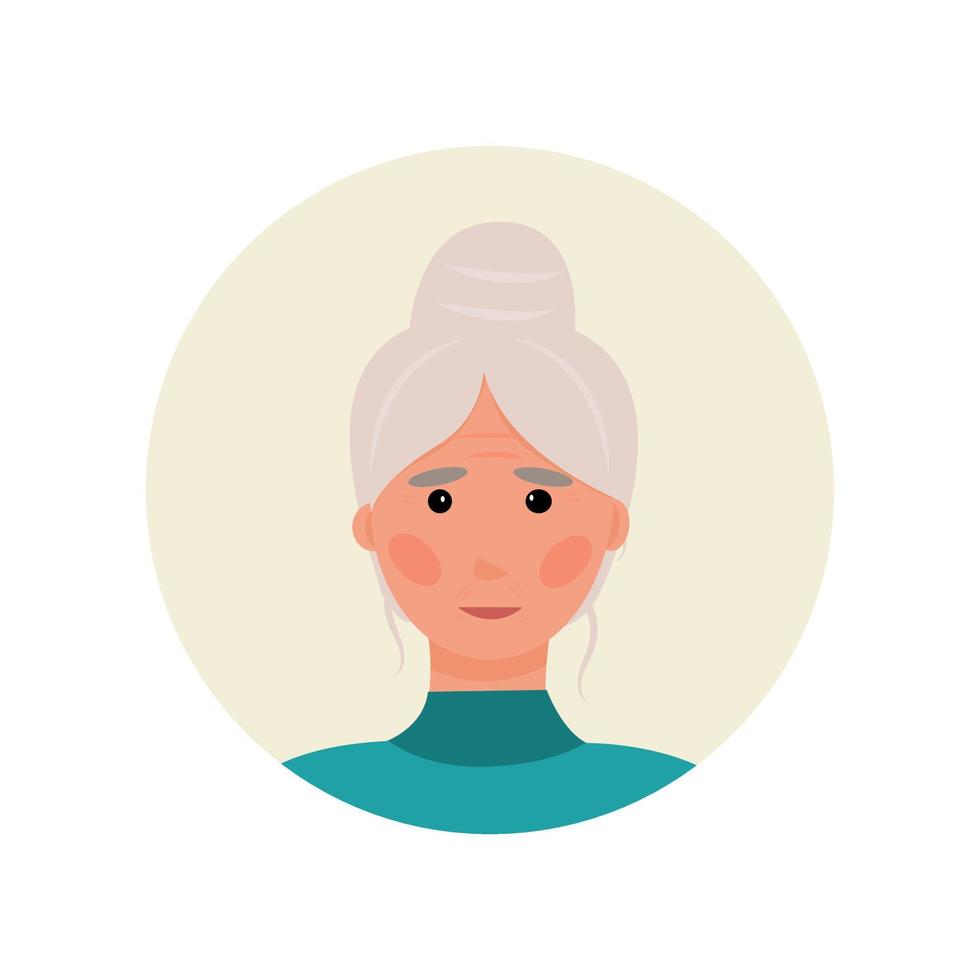 el avatar es un jubilado anciano de cabello gris. mujer adulta con un moño de pelo y arrugas. buen personaje para la publicidad social. perfil de chatbot, foro, soporte. ilustración vectorial vector