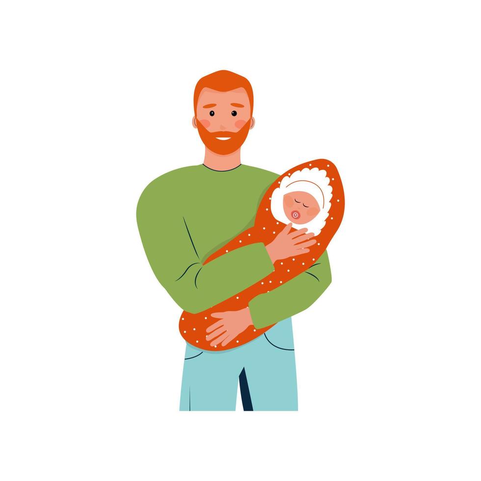 happy redhead bearded man holding a newborn baby in his arms. Isolated image for design of fathers day cards, forums about parenting by men. Vector illustration, flat