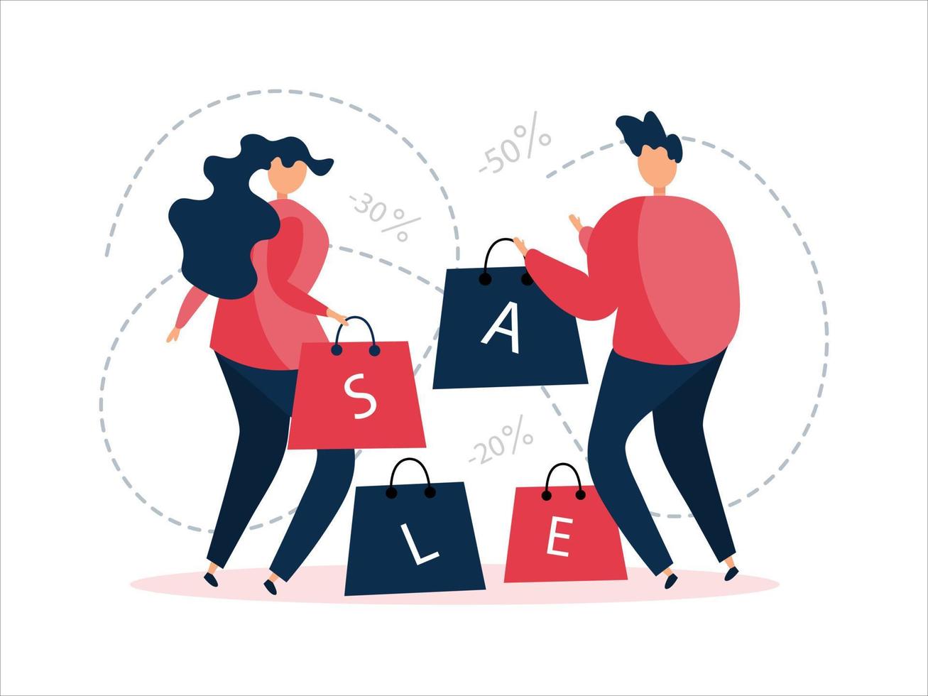 man and a woman are rushing to the sale with big discounts in retail. Black Friday concept. Family shopping. Banner for advertising on the Internet, mailing by email. Vector illustration