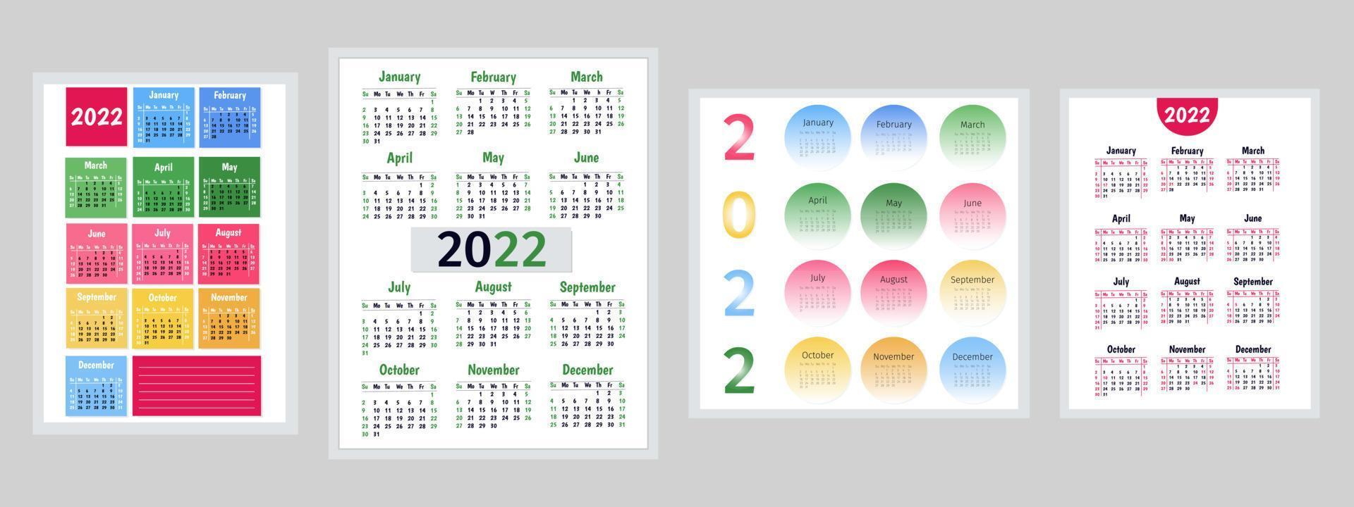 Conjunto de calendario 2022. colección de plantillas vectoriales. diseño simple para decorar calendarios de pared, planeadores. semana comienza el domingo. se enumeran los días festivos en los Estados Unidos. ilustración vectorial vector