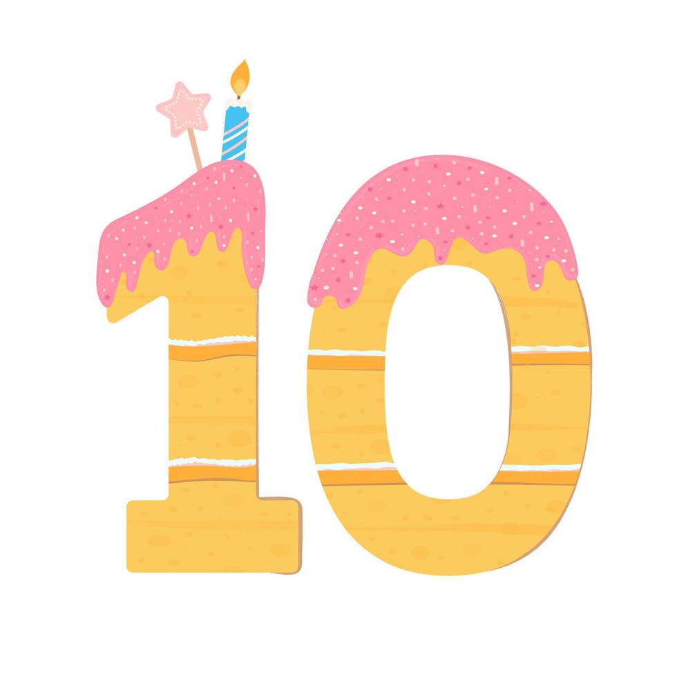 cake in the form of number 10. Sweet birthday cake, watered with icing and cream. The pastry is decorated with a candle, sprinkles and an asterisk. Isolated image. Vector illustration, flat