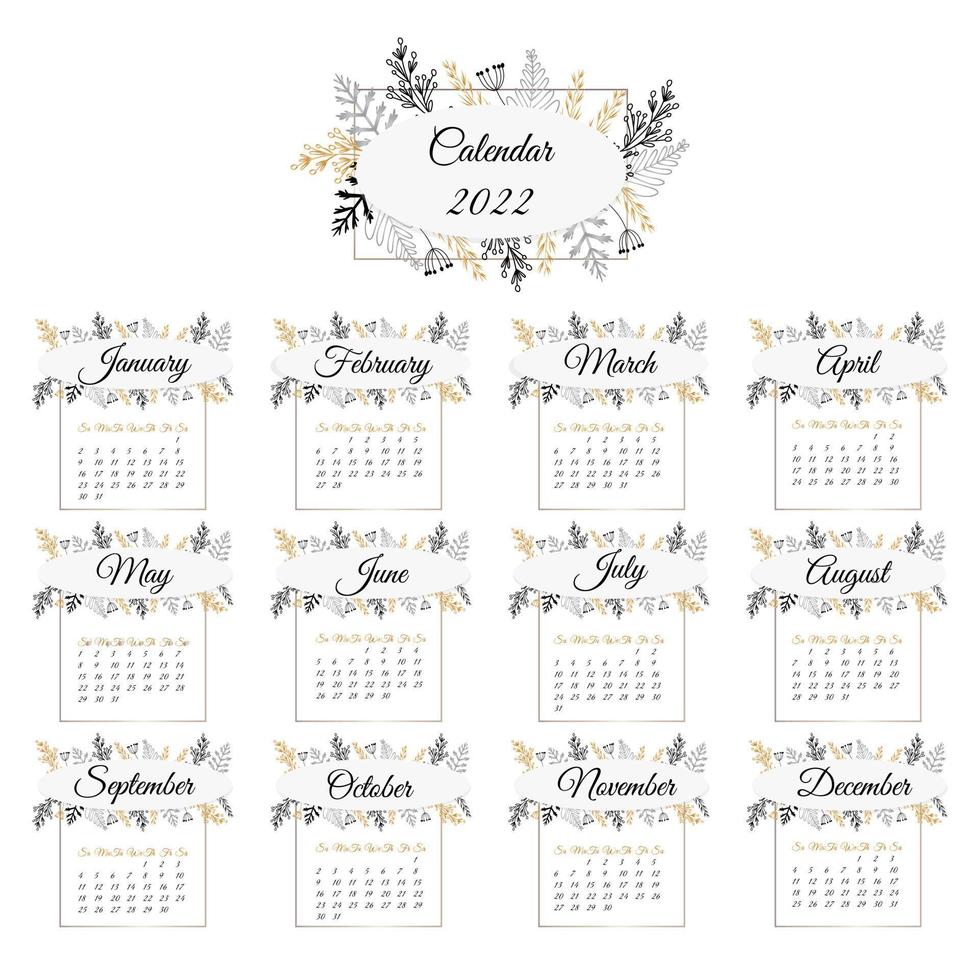 calendar 2022. Delicate, floral ornament. Vertical grid. The months are framed. Design template for womens diaries and gift wall calendars. New Year. Vector illustration