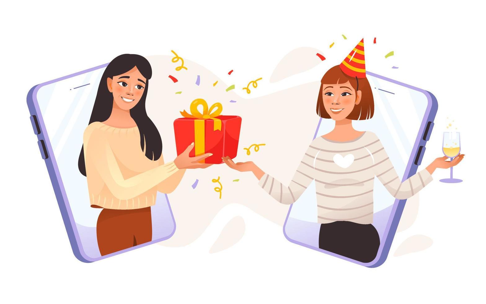 concepto de fiesta en línea. las chicas se comunican por video a través de una aplicación en línea. feliz cumpleaños. celebración en línea. vacaciones en el período de autoaislamiento. ilustración vectorial de dibujos animados. vector