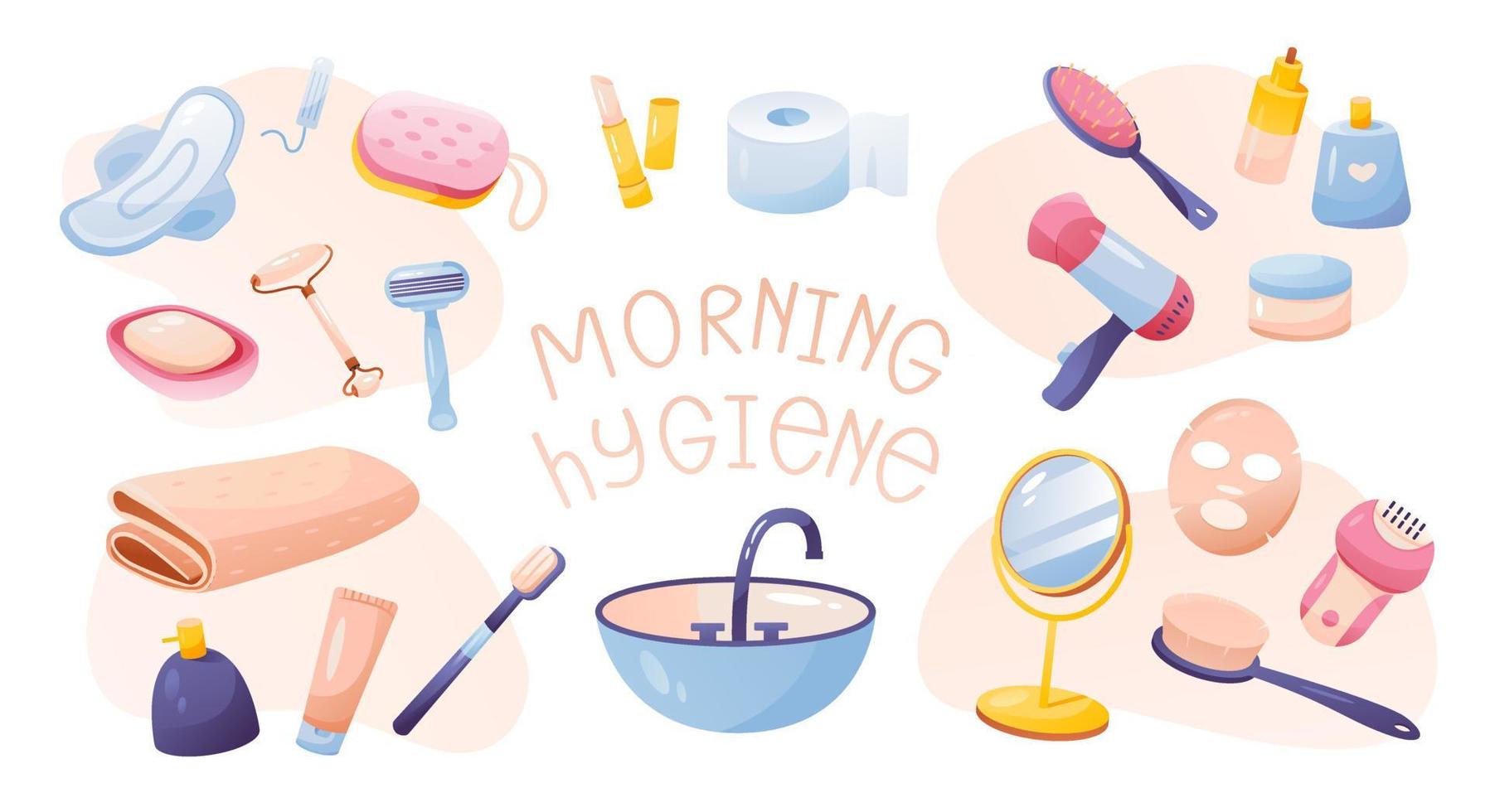 Morning hygiene collection.  A set of items for morning feminine hygiene. Self care at home. Cartoon vector illustration.