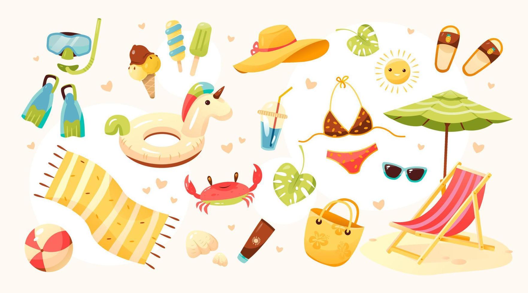 Big summer set. Beach set of cute elements, swimsuit, sunglasses, sun lounger with umbrella, swimming circle, hat, fruit, ice cream, fins and mask, beach bag, crab. Cartoon vector illustration