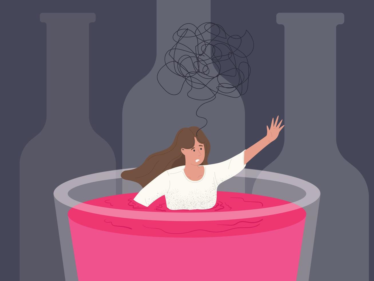 Afraid woman drowning in glass of alcohol. Alcoholism concept vector