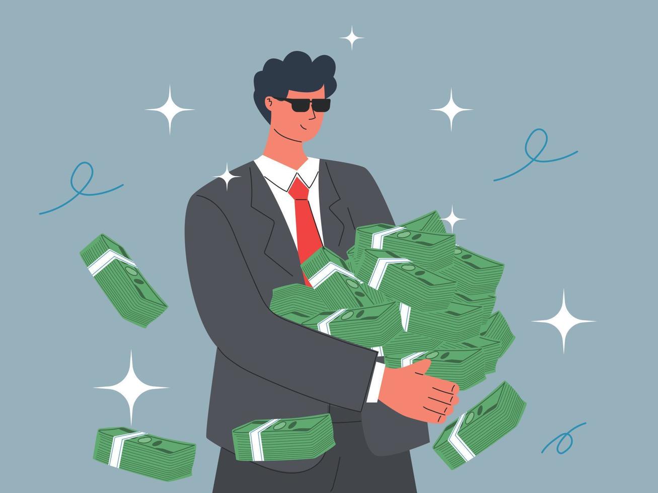 Businessman hold piles of money. investment profit and earning vector