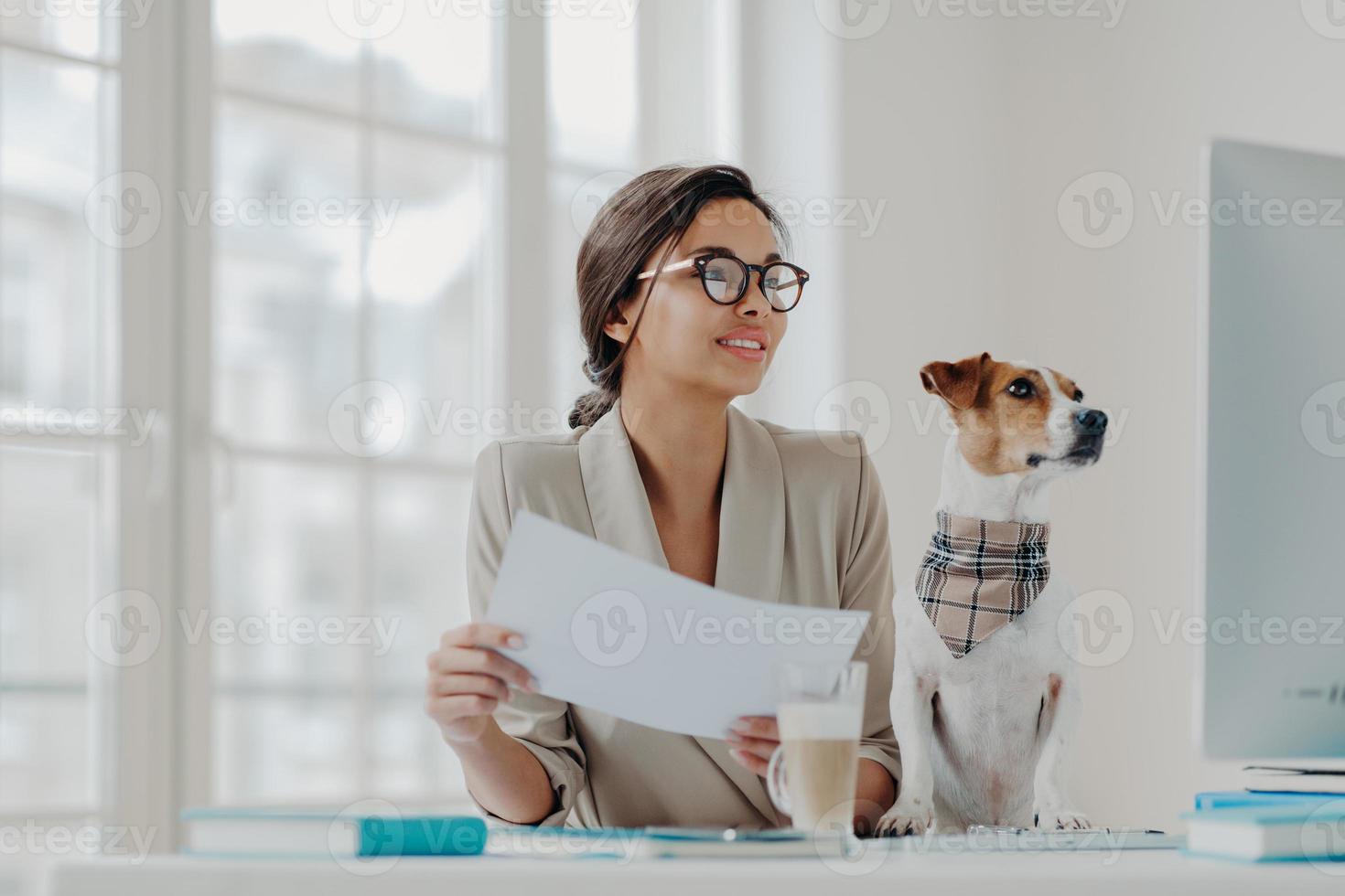 Photo of happy businesswoman works from home on self isolation, holds papers, checks information on computer, wears glasses, favorite pet poses near. Full concentration on work. Freelance worker