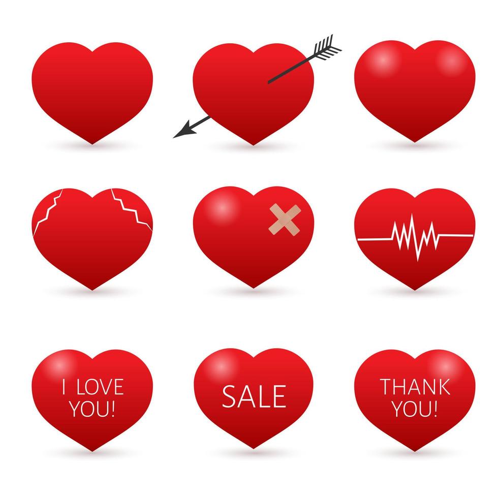 Set of nine red hearts isolated on white background. . Valentine s day vector collection. Love story symbol. Health medical flat icon. Easy to edit design template.