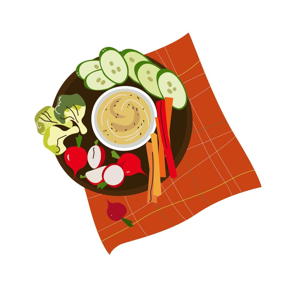 Hummus vegetables. Breakfast. Top view Vector illustration.