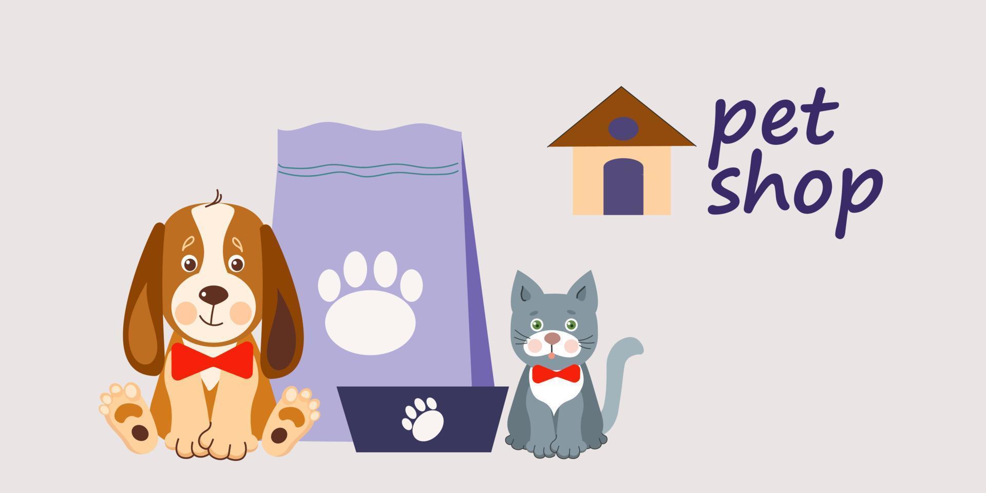 Pet shop banner design template. Vector cartoon illustration of cats, dogs, house, food