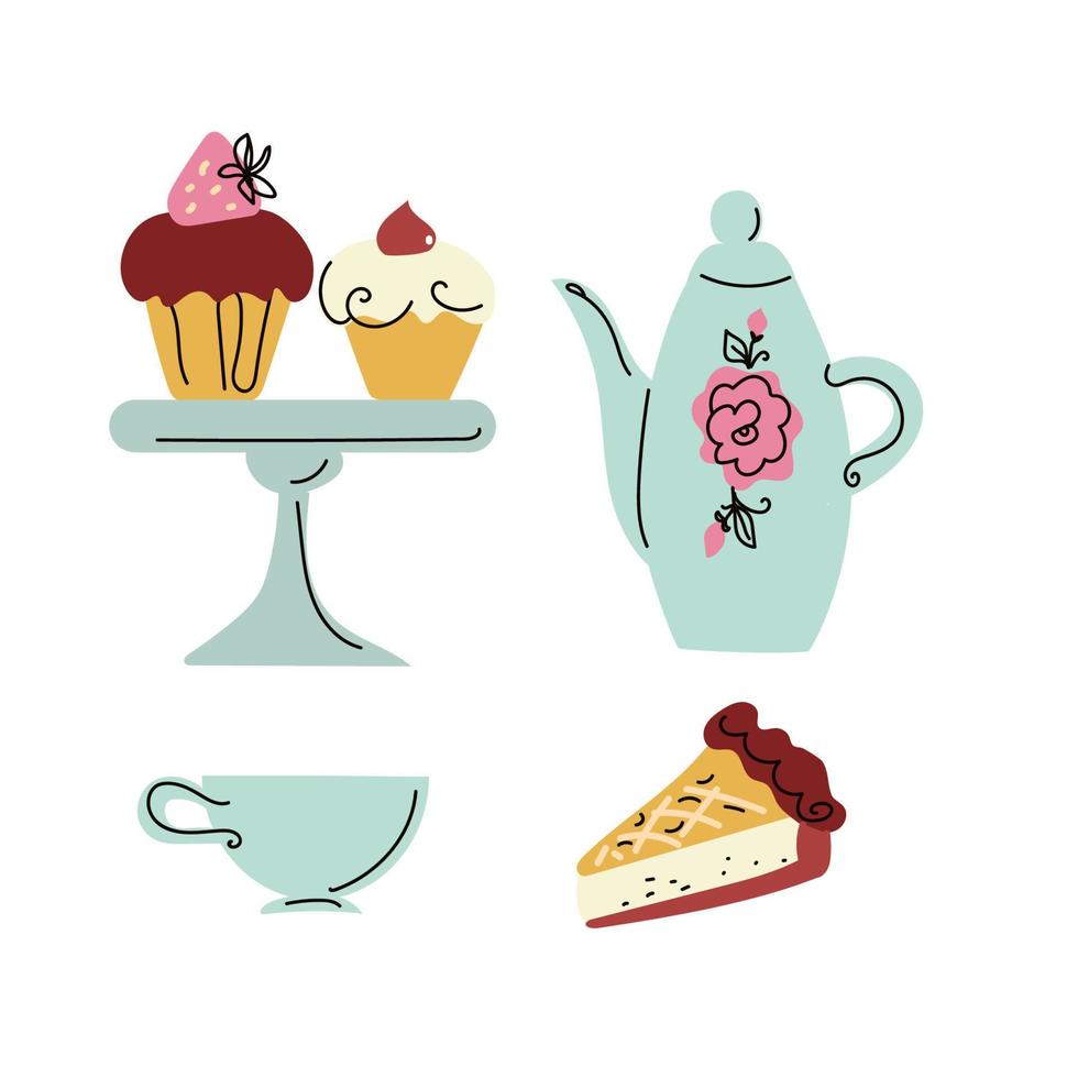 puesto de té de la tarde con pasteles, íconos de cafetería de postres. vector