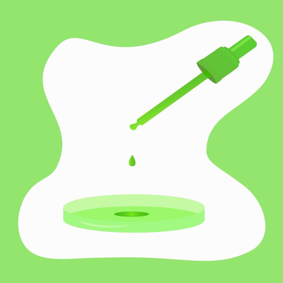 Petri dish and pipette with green liquid drop. vector