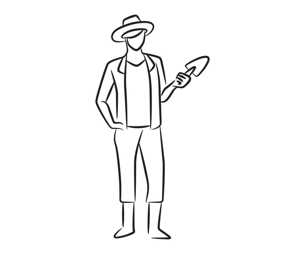 granjero de pie dibujado a mano con ilustración de pala vector