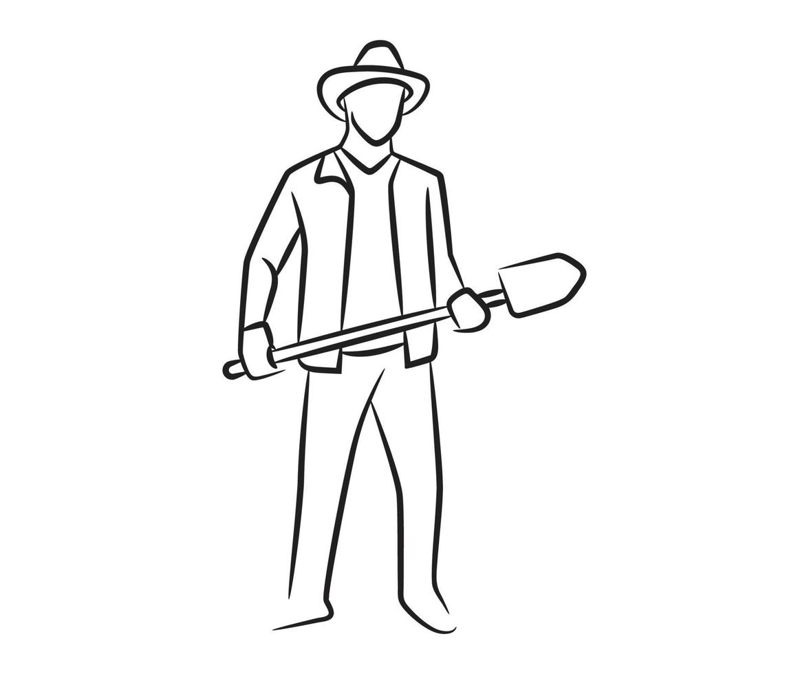 hand drawn standing farmer holding shovel illustration vector