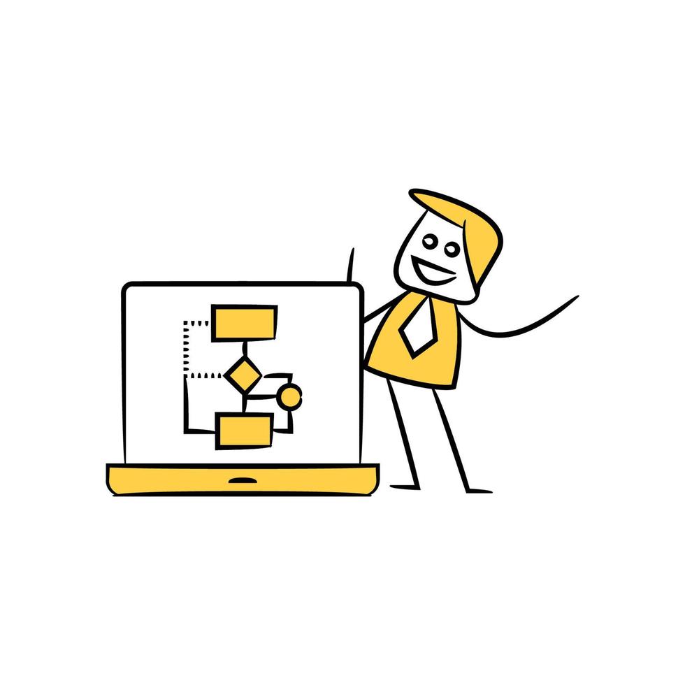 hombre de negocios con diagrama de computadora ilustración de tema de doodle amarillo vector