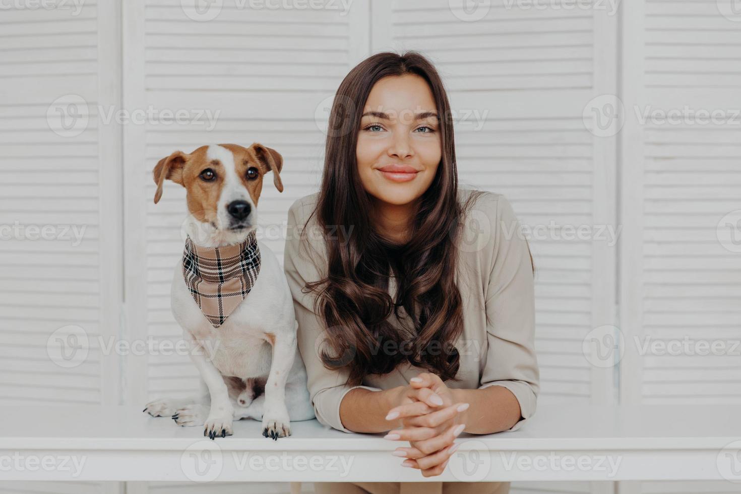Photo of good looking woman with dark hair, spends leisure time with jack russel terrier dog, loves animals, have friendly relationship with pet, pose together at white table, play together.