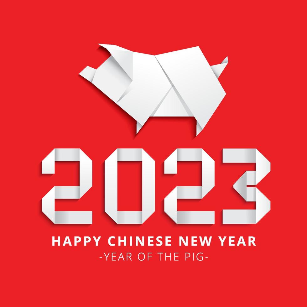 Folded paper origami animal pig symbol of 2023 according to the Chinese calendar. design greeting card with numbers inscription. vector illustration isolated on white background