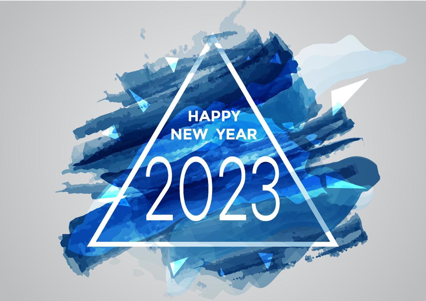 Colorful watercolor blue brushstroke paint lettering calligraphy of happy new year 2023 background with triangle shape vector