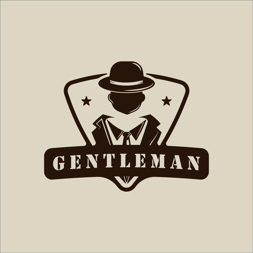 corbata masculina esmoquin logo vector ilustración vintage plantilla icono diseño gráfico. caballero de traje con signo de moda de sombrero o símbolo para sastre o diseñador profesional con estilo de placa retro