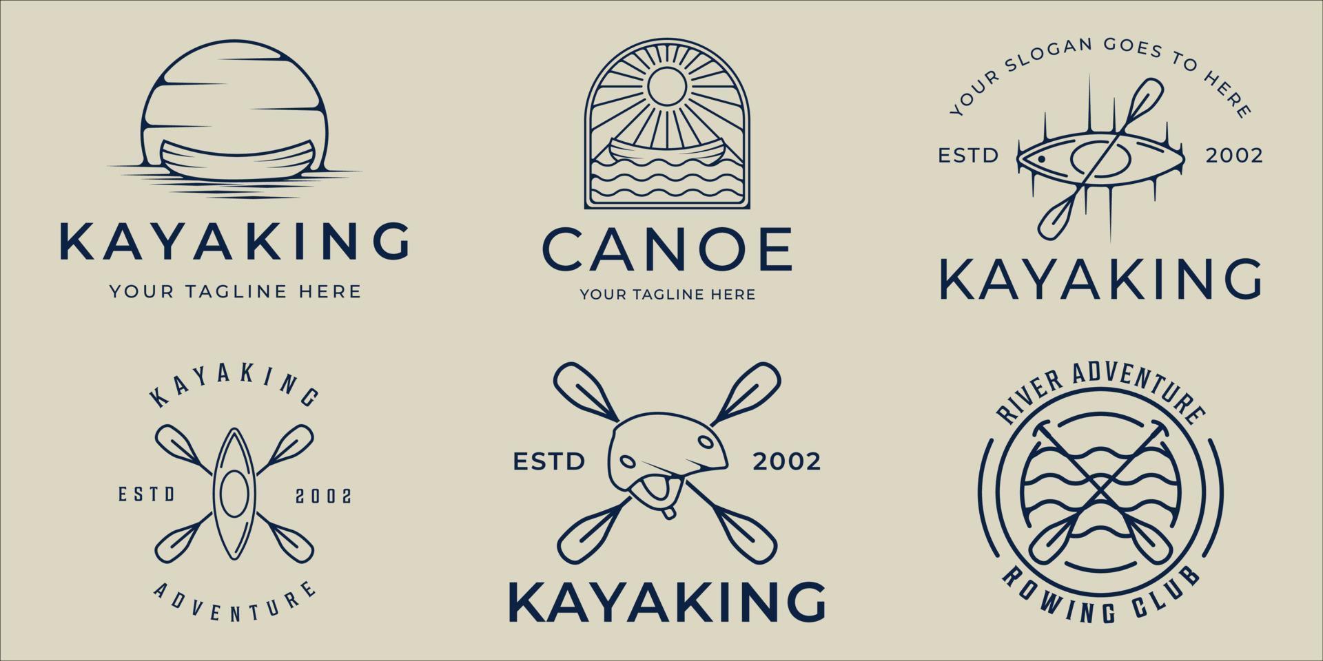 conjunto de kayak o canoa logo vector línea arte simple ilustración plantilla icono diseño gráfico. colección de paquetes de varios signos o símbolos de paddle o remo para viajes deportivos de aventura y negocios