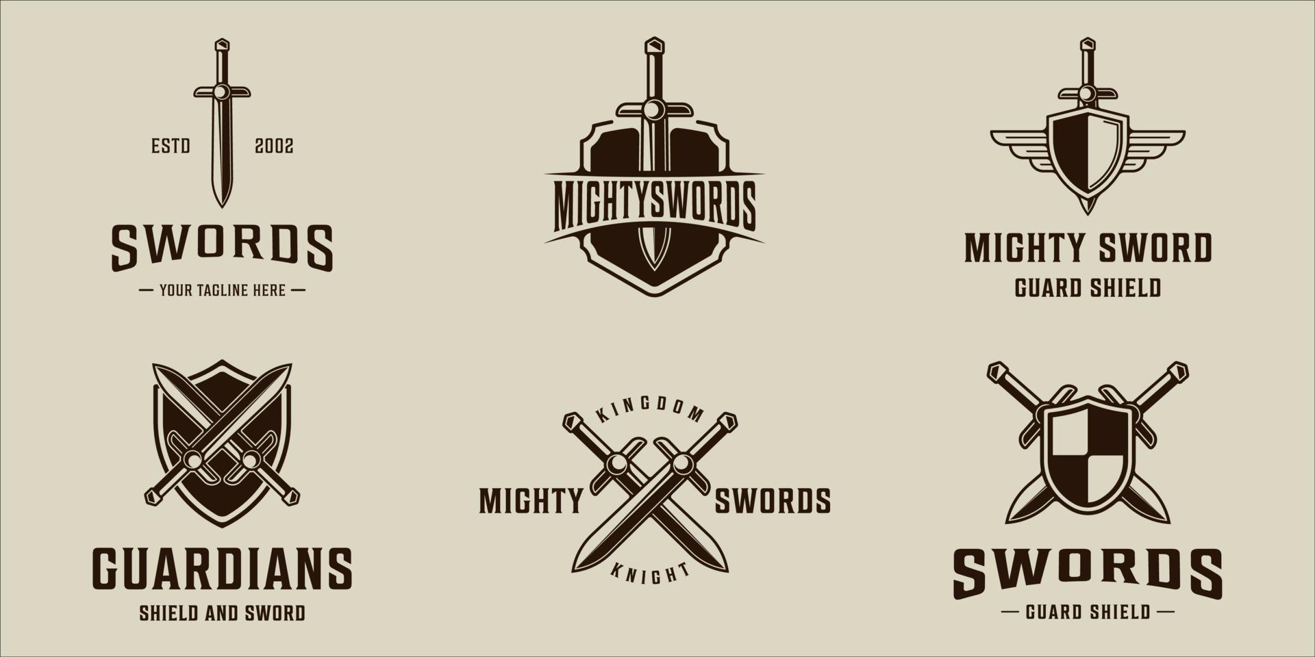 set of sword logo vector vintage illustration template icon graphic design. bundle collection of various blade or saber sign or symbol for guard and shield with typography style