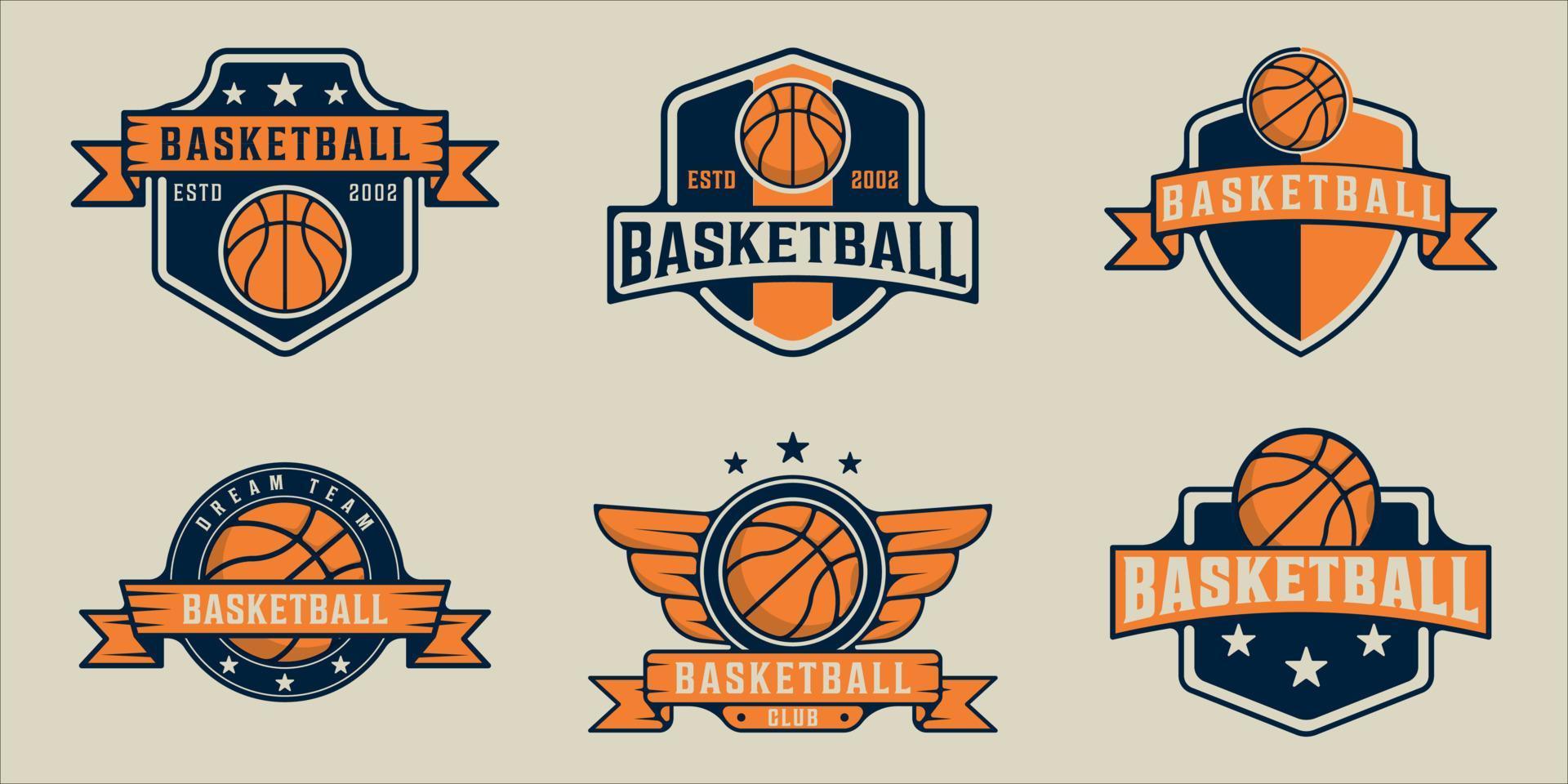 conjunto de logotipo de baloncesto vector ilustración vintage plantilla icono diseño gráfico. colección de paquetes de varios signos o símbolos deportivos de baloncesto para la competencia de la liga de equipos o clubes con placa