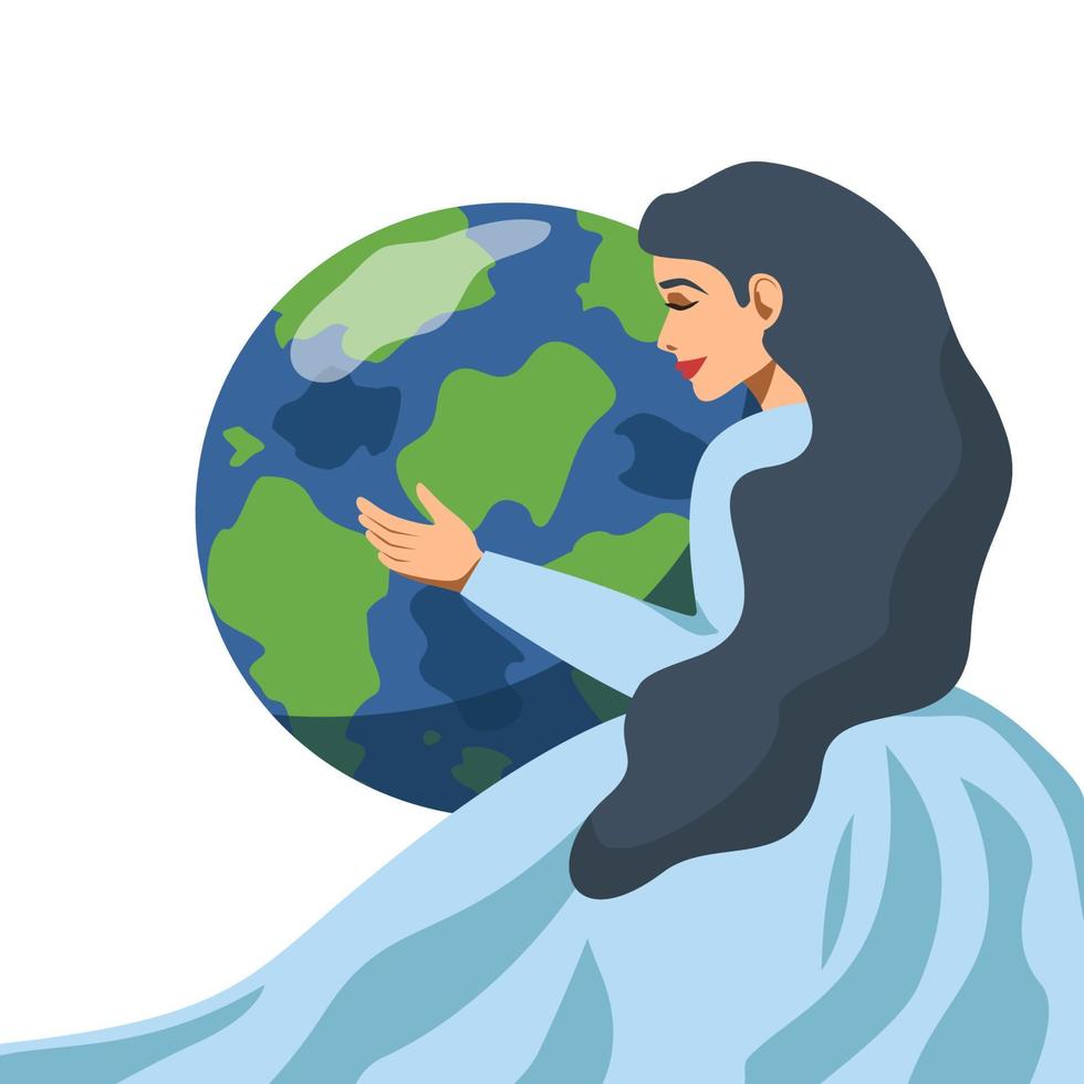 The girl hugs the planet earth. The concept of conservation of nature and ecology. Earth Day vector