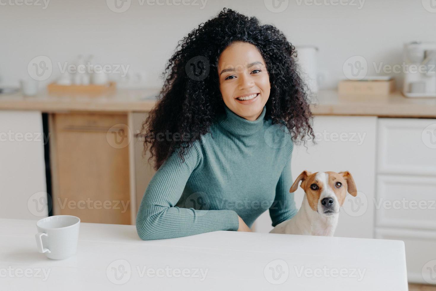 Beautiful curly haired woman dressed in casual turtleneck, sits at white table in kitchen, drinks tea from cup, plays with jack russell terrier dog, enjoys spare time. Afro lady with favourite pet photo