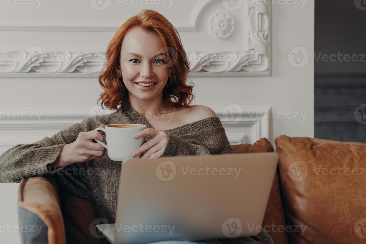Charming ginger female sits in comfortable sofa with cup of coffee searches new job vacancy in internet via laptop enjoys domestic atmosphere, uses high speed internet connection prepares presentation photo